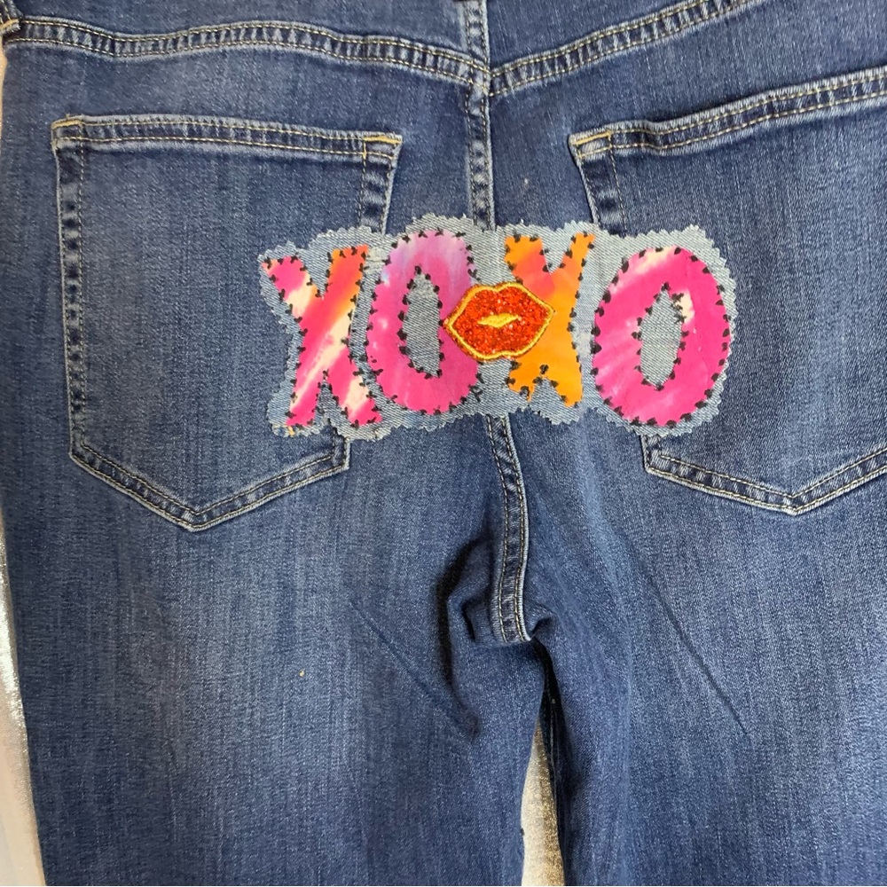 Colorful Upcycled Patchwork and Embellished Women's Denim Jean - Picture 11 of 13